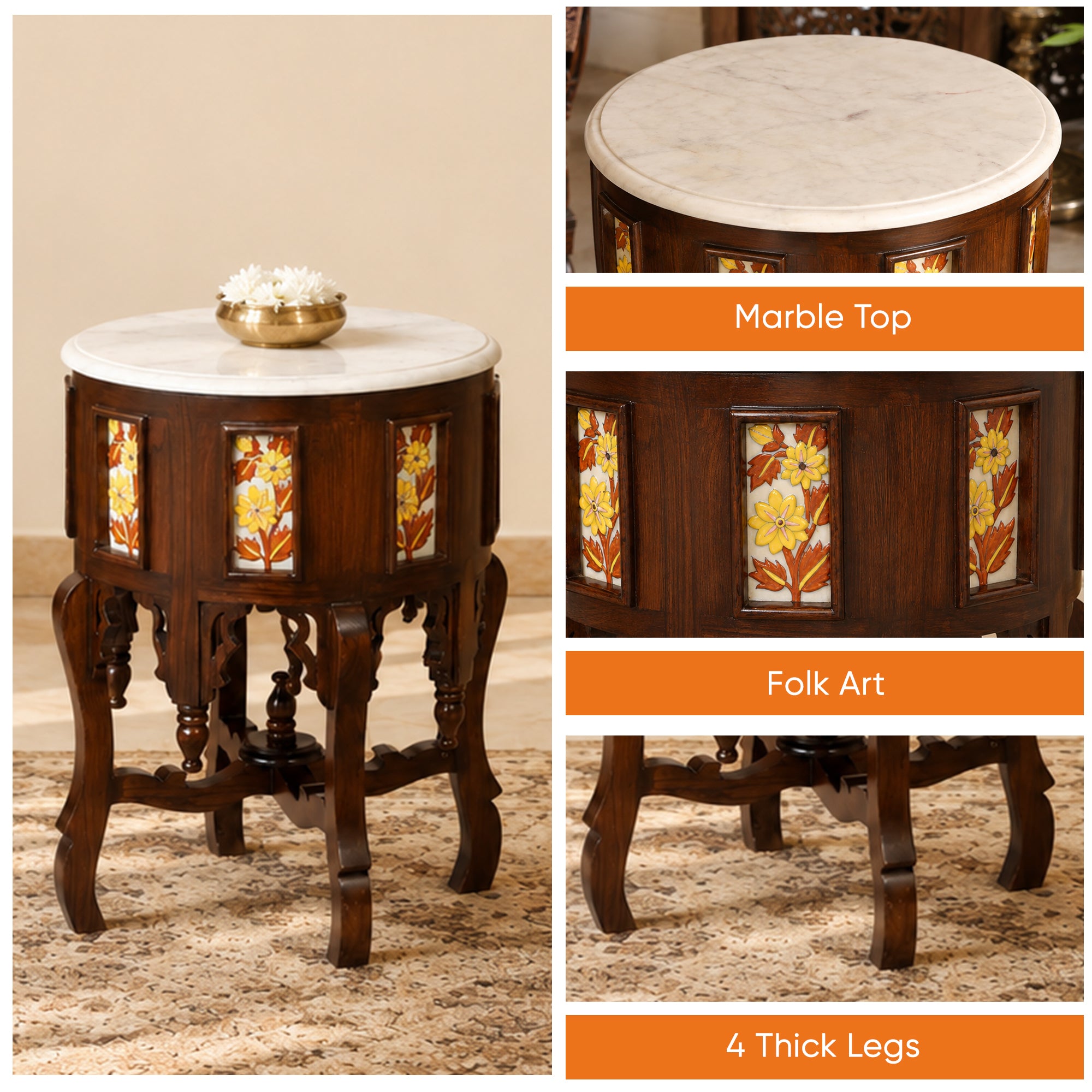 Fiama End Table in Teakwood with Walnut Finish and Round Marble Top (18x18x24)