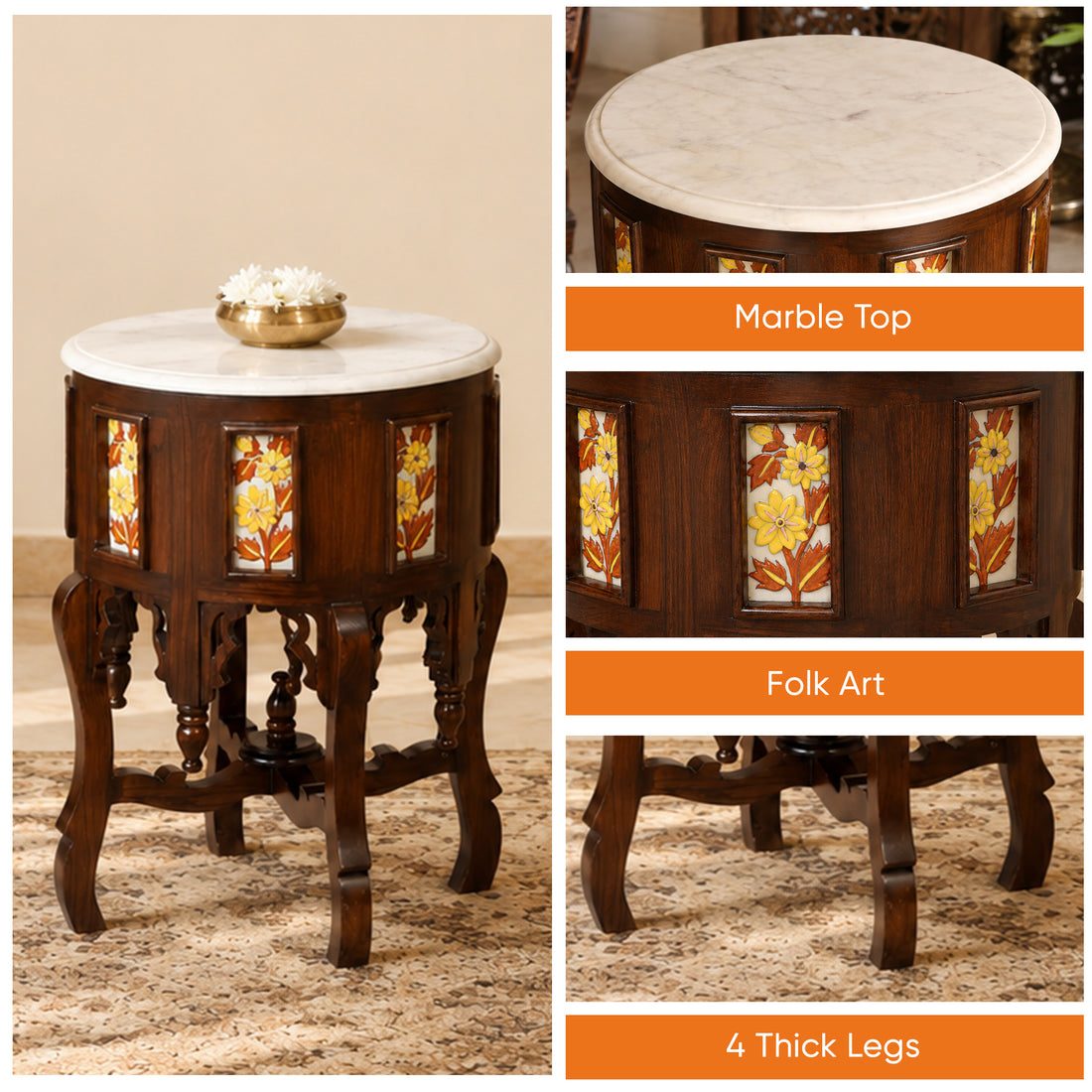 Fiama End Table in Teakwood with Walnut Finish and Round Marble Top (18x18x24)