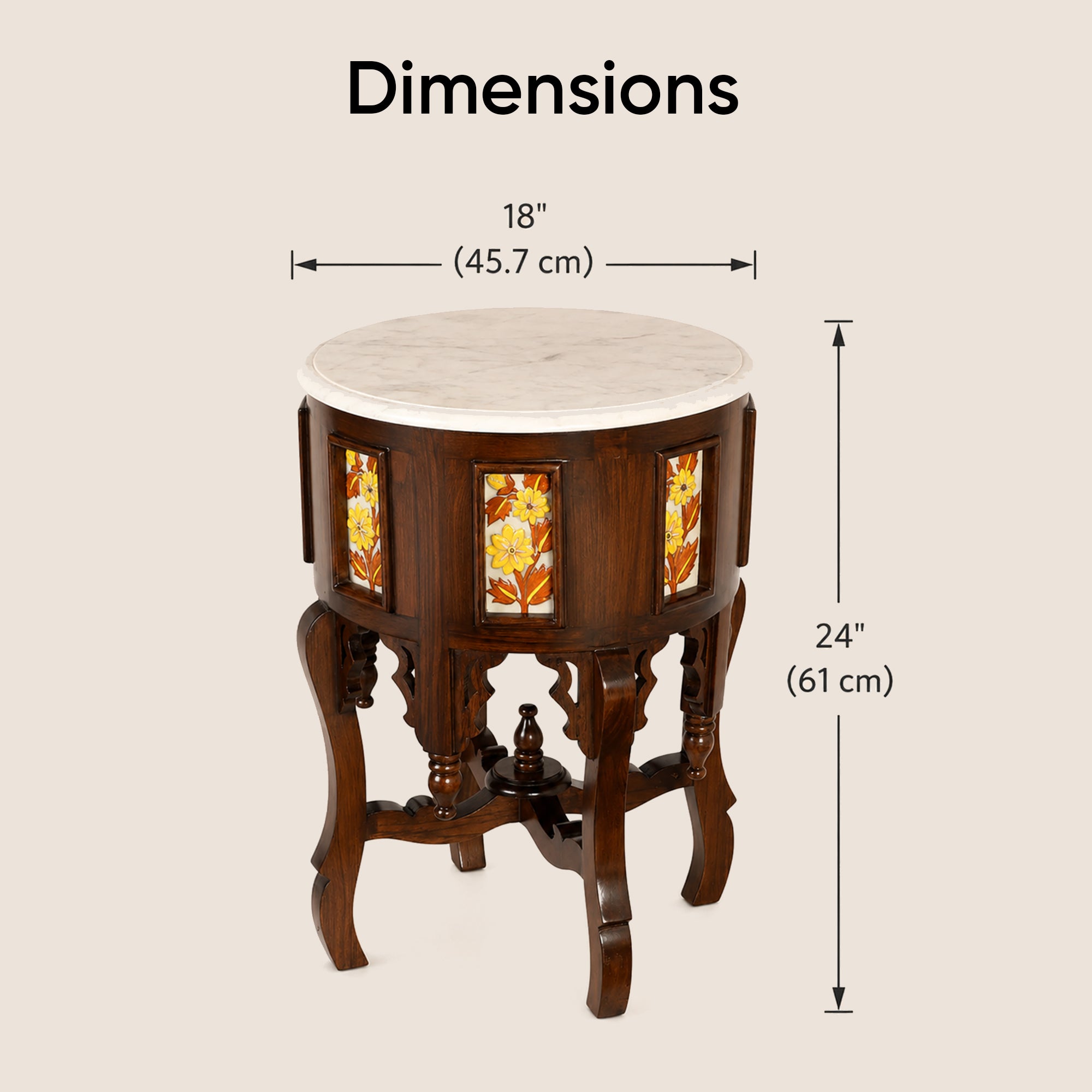 Fiama End Table in Teakwood with Walnut Finish and Round Marble Top (18x18x24)