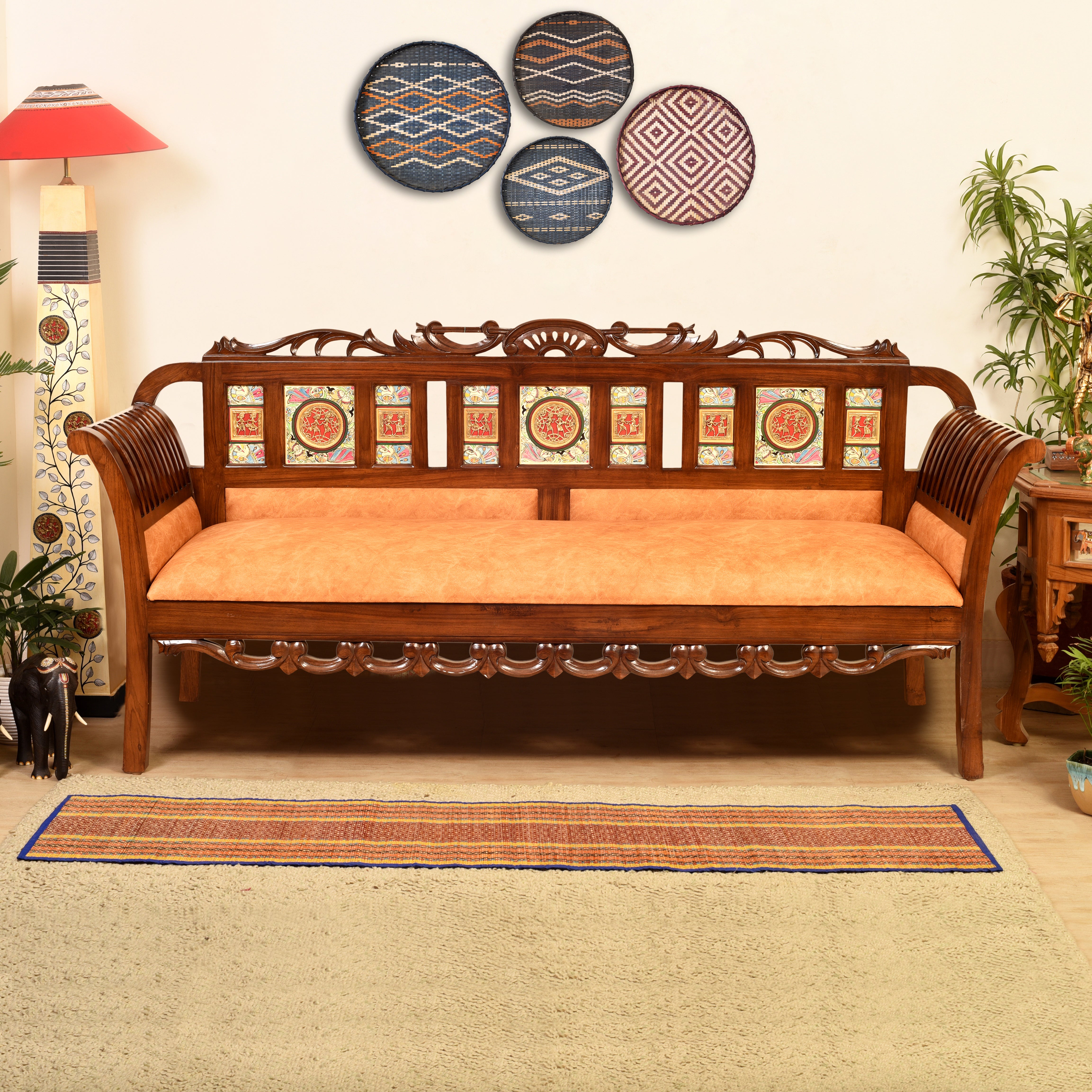 Alpa-I Three Seater Sofa with Cushioned Seat and Designer Back Rest in Walnut Colour (69x22x35)