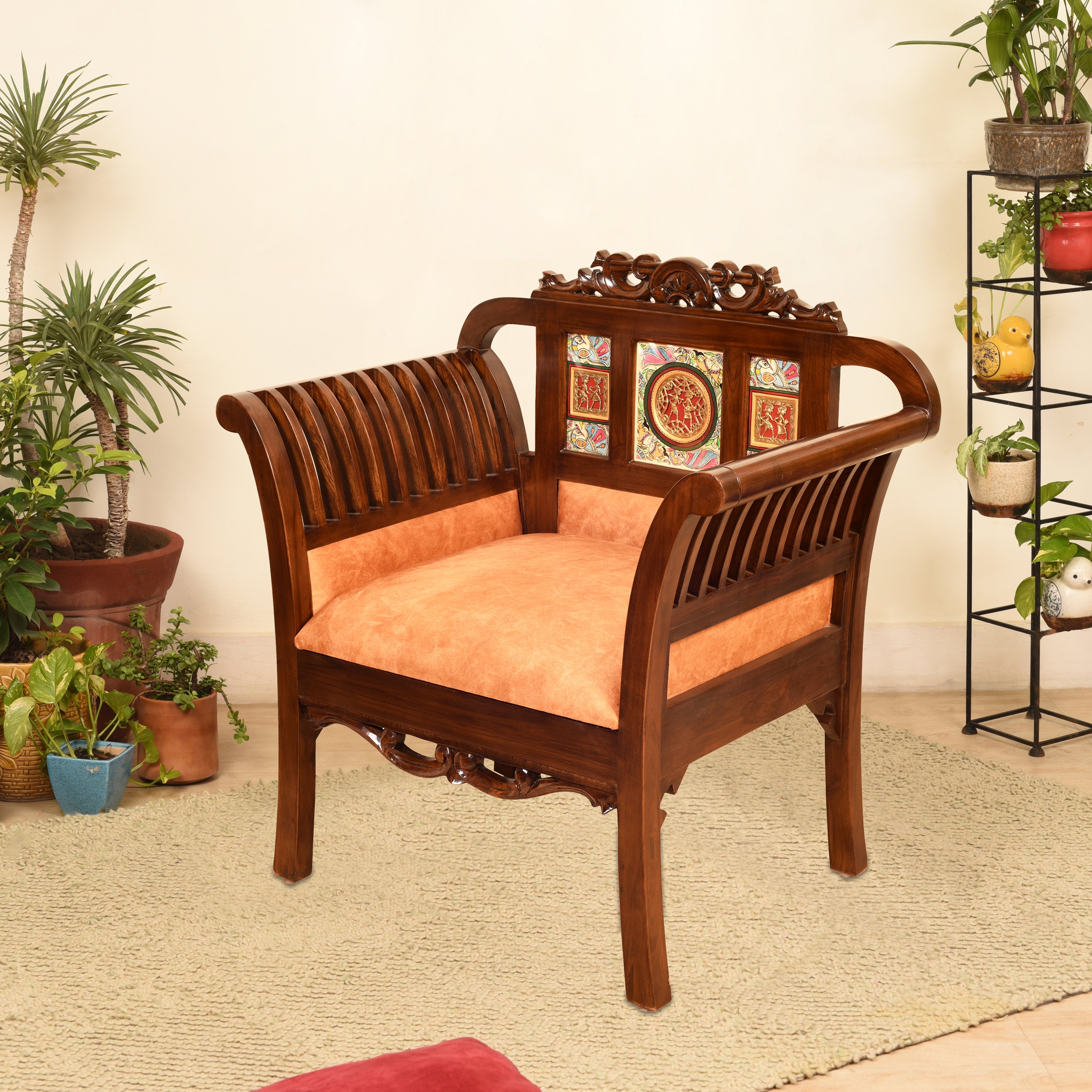 Alpa-I Single Seater Sofa with Cushioned Seat and Designer Back Rest in Walnut Colour (34x22x35)