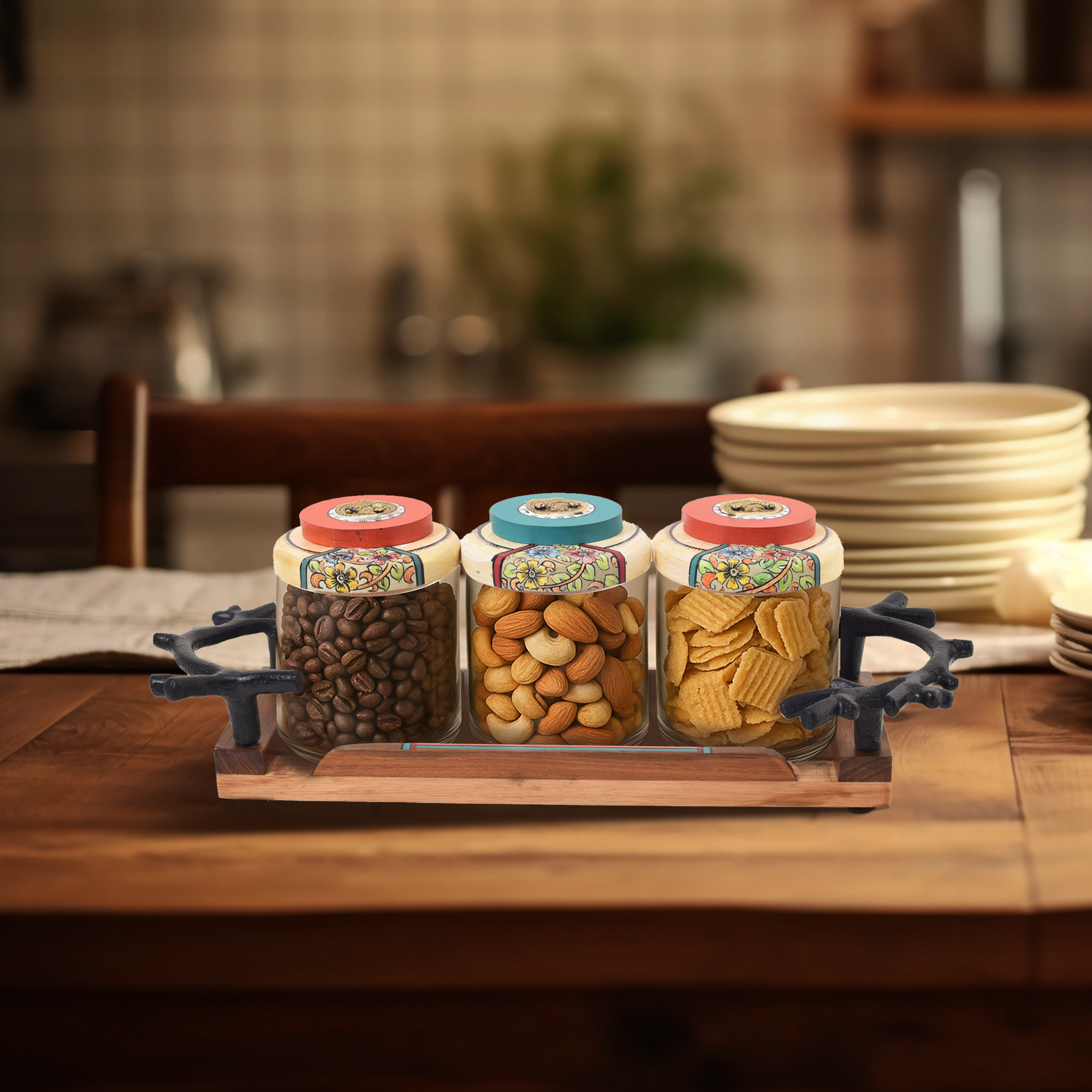 Leaf-Luxe Tray with Trio Jars (Large)