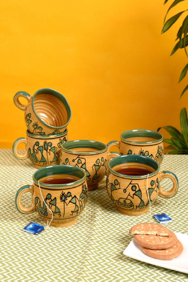 Cup Ceramic Warli Yellow (Set of 6) (4.4x3.1x2.7)