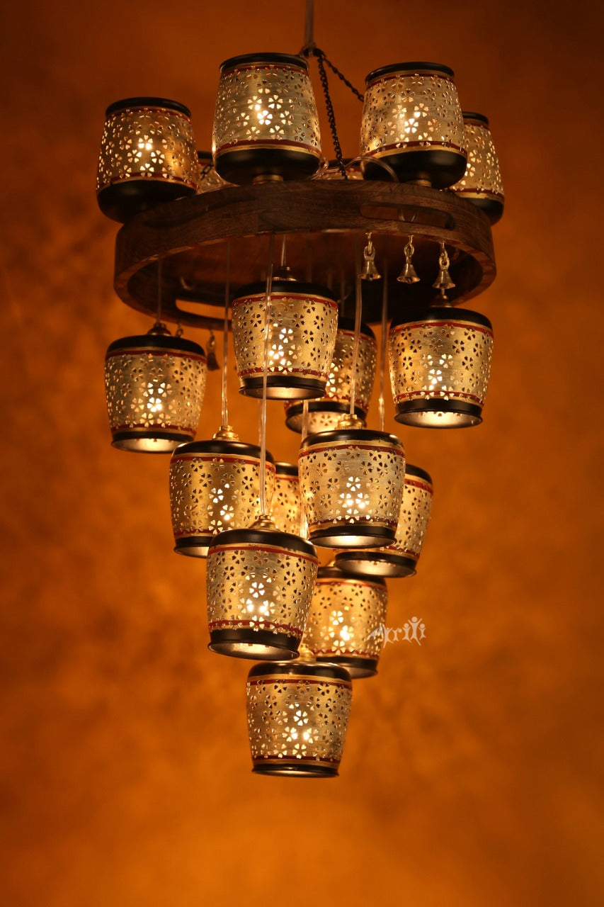 Moon-18 Chandelier With Metal Hanging Lamps In Simmering Gold (18 Shades) 16x16x28