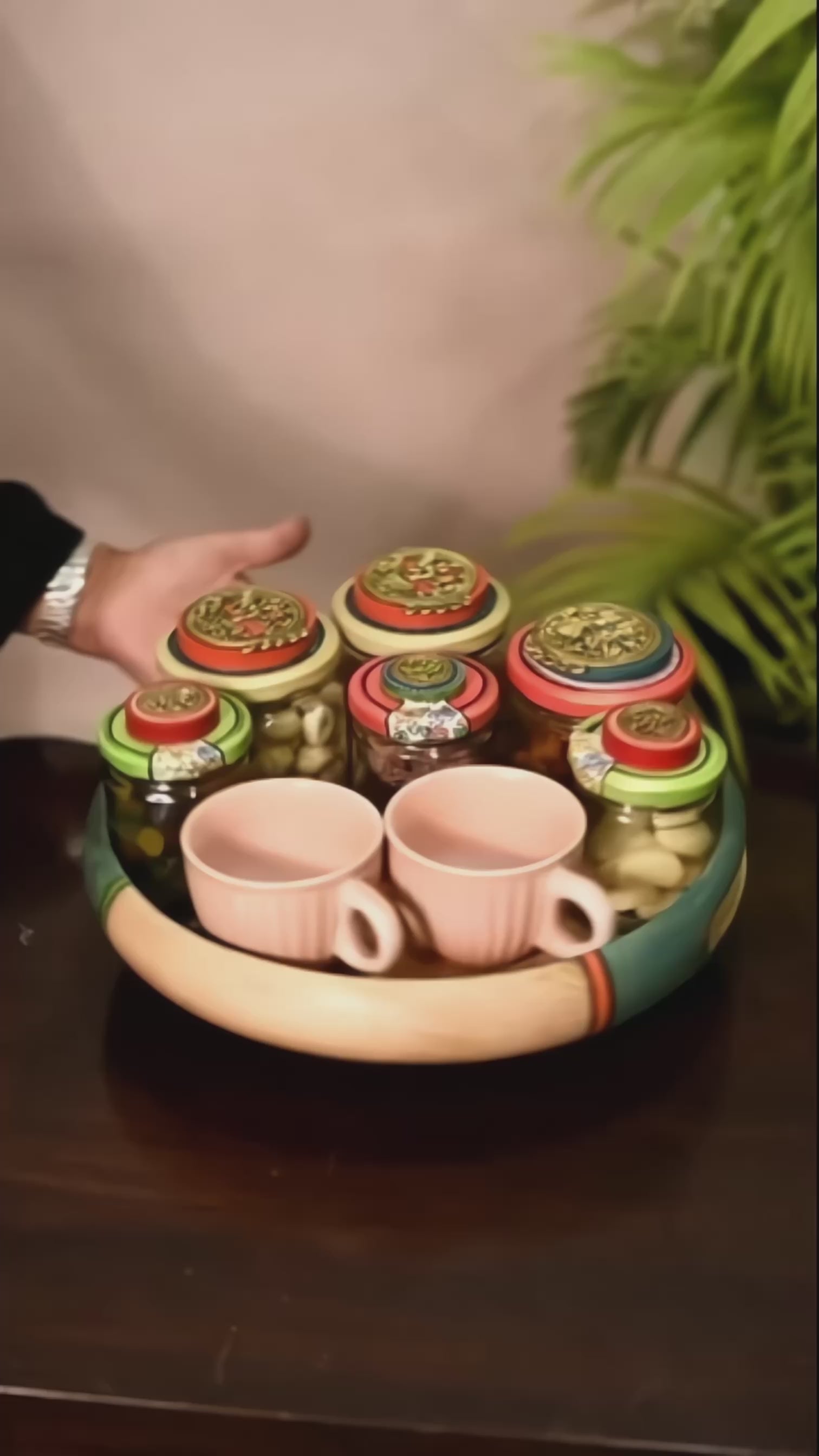 Handcrafted Wooden Tray Set with 6 Painted Glass Jars and 2 Ceramic Cups, Colorful Kitchen and Serving Organizer