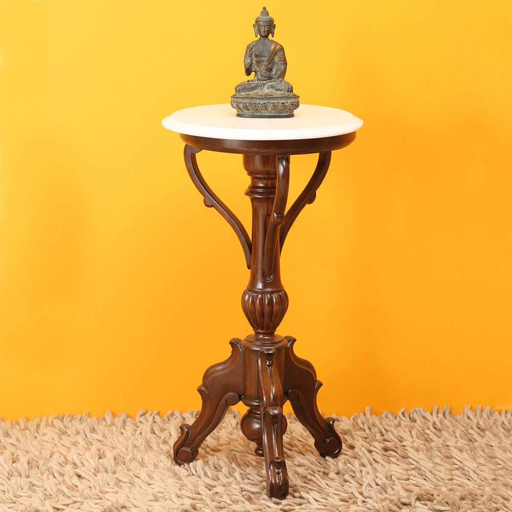 Faye End Table in Teakwood with Walnut Finish and Round Marble Top (15.5x15.5x29)