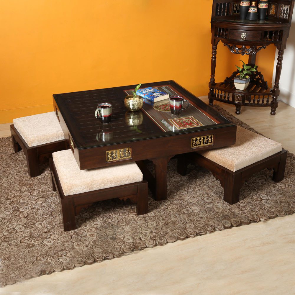 Saber 4 Seater Coffee Table Set in Teakwood with Walnut Finish (36x36x16)