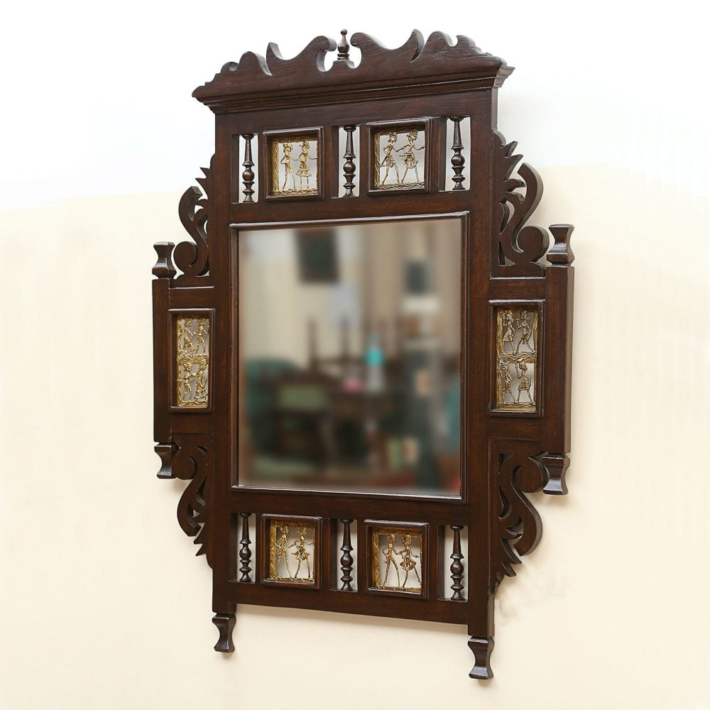 Lavanya Teakwood Mirror in Walnut Finish adorned with Brass Frames (28x2x36)