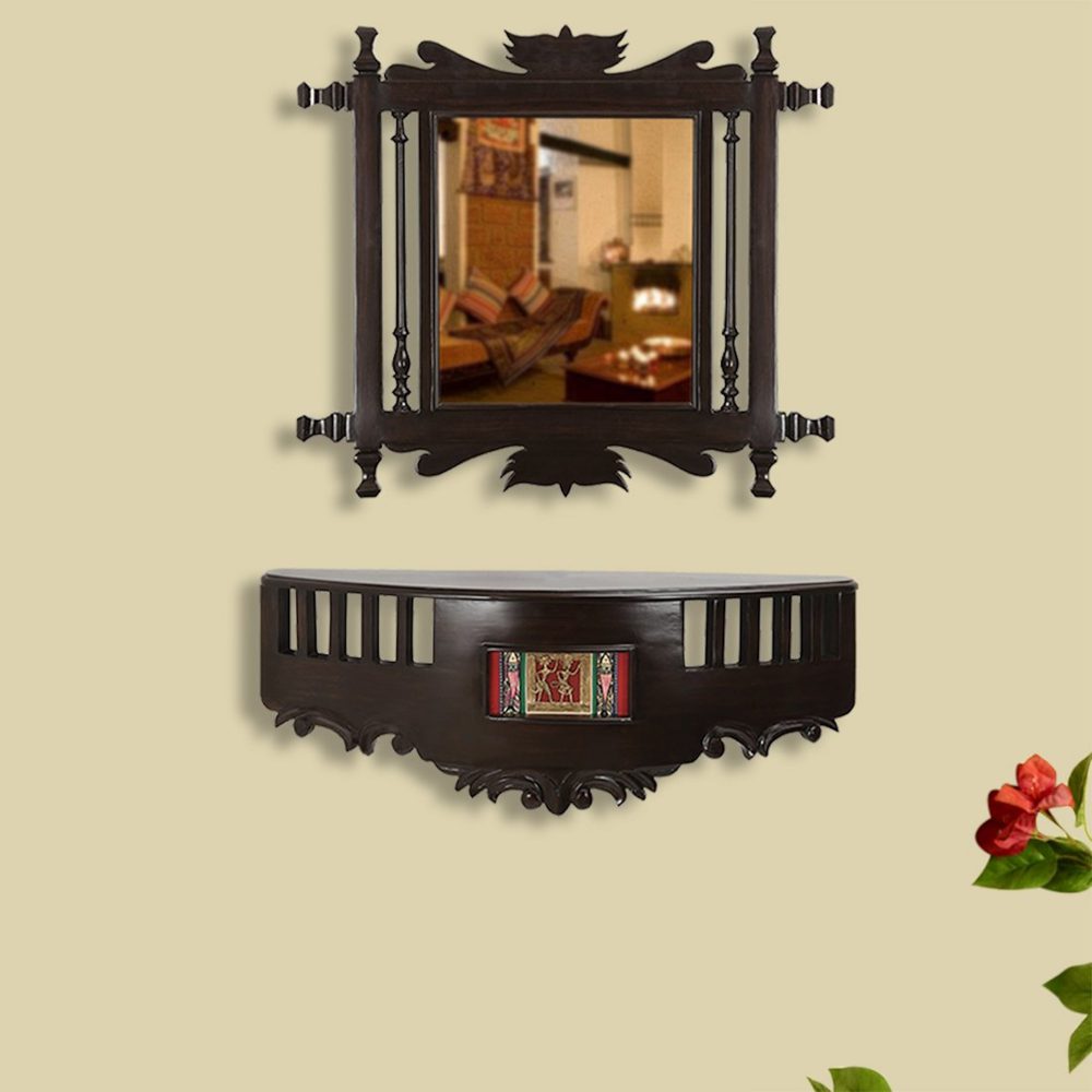 Kiara Teakwood Wall mirror with matching Wall Shelf in Walnut Finish (20x24/26x5x10)