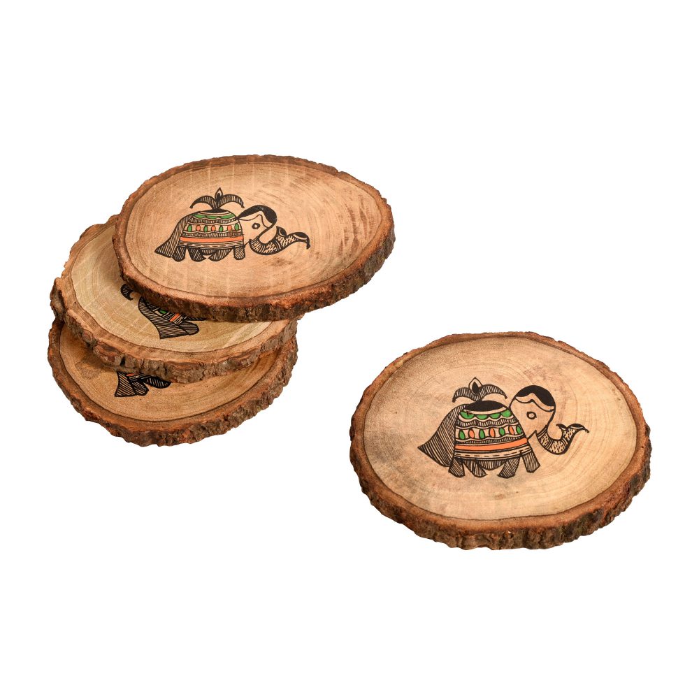 Coaster Round Wooden Handcrafted with Tribal Art (Set of 4) (4x4")
