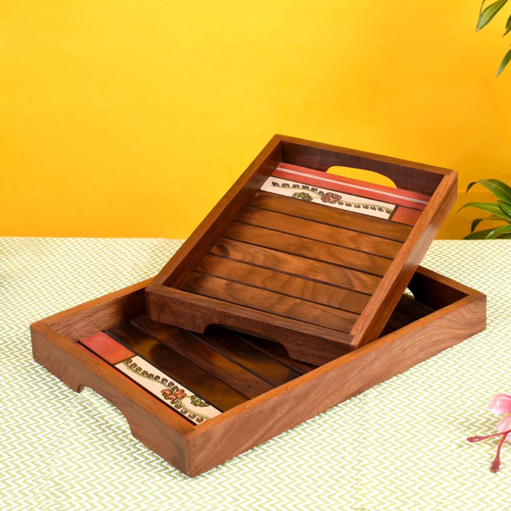 Trays with Flower Patterns Handcrafted in RoseWood (set of 2) (14x10/12x8.5")