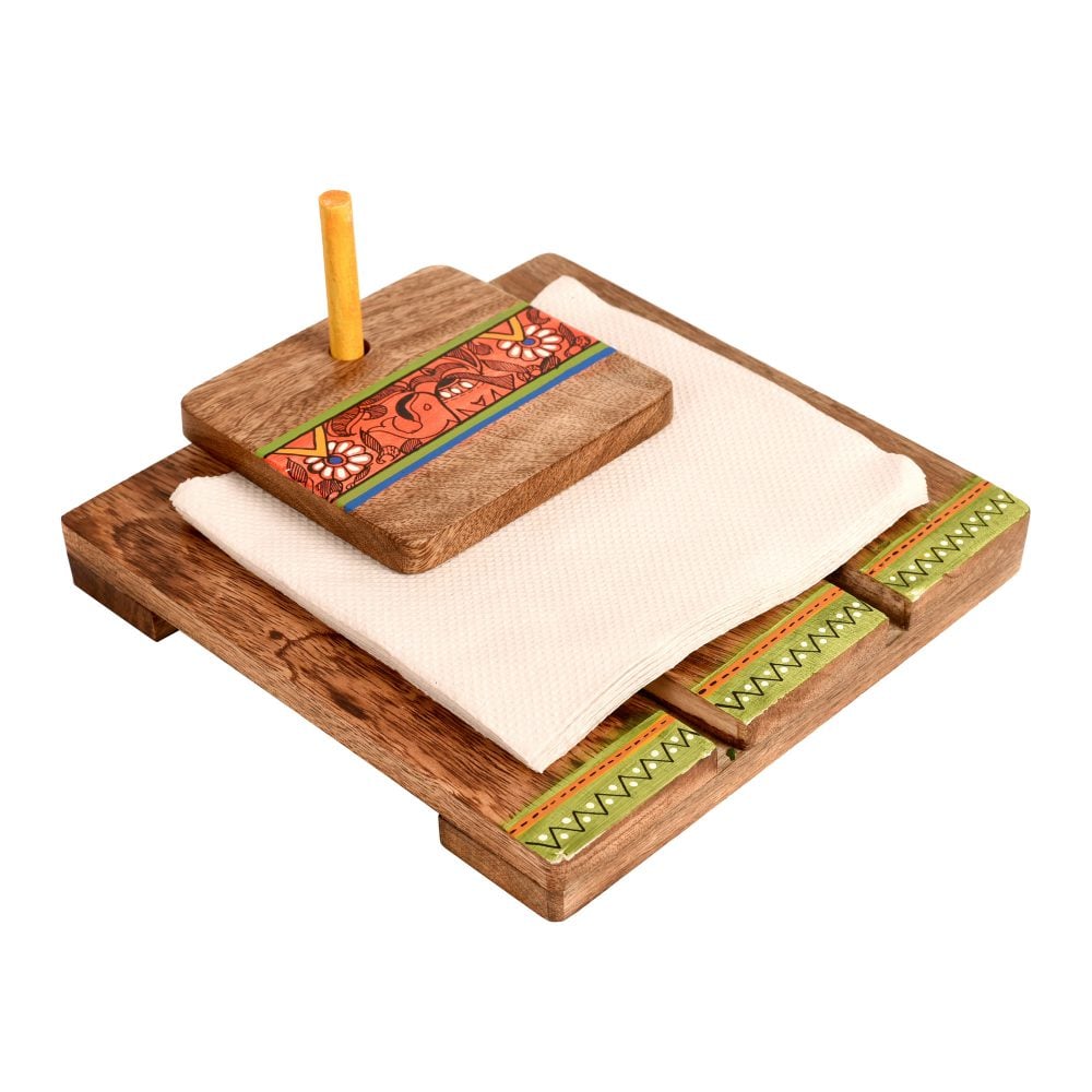 Tissue Holder Handcrafted in Wood with Tribal Art  (7x7.4x3.5")