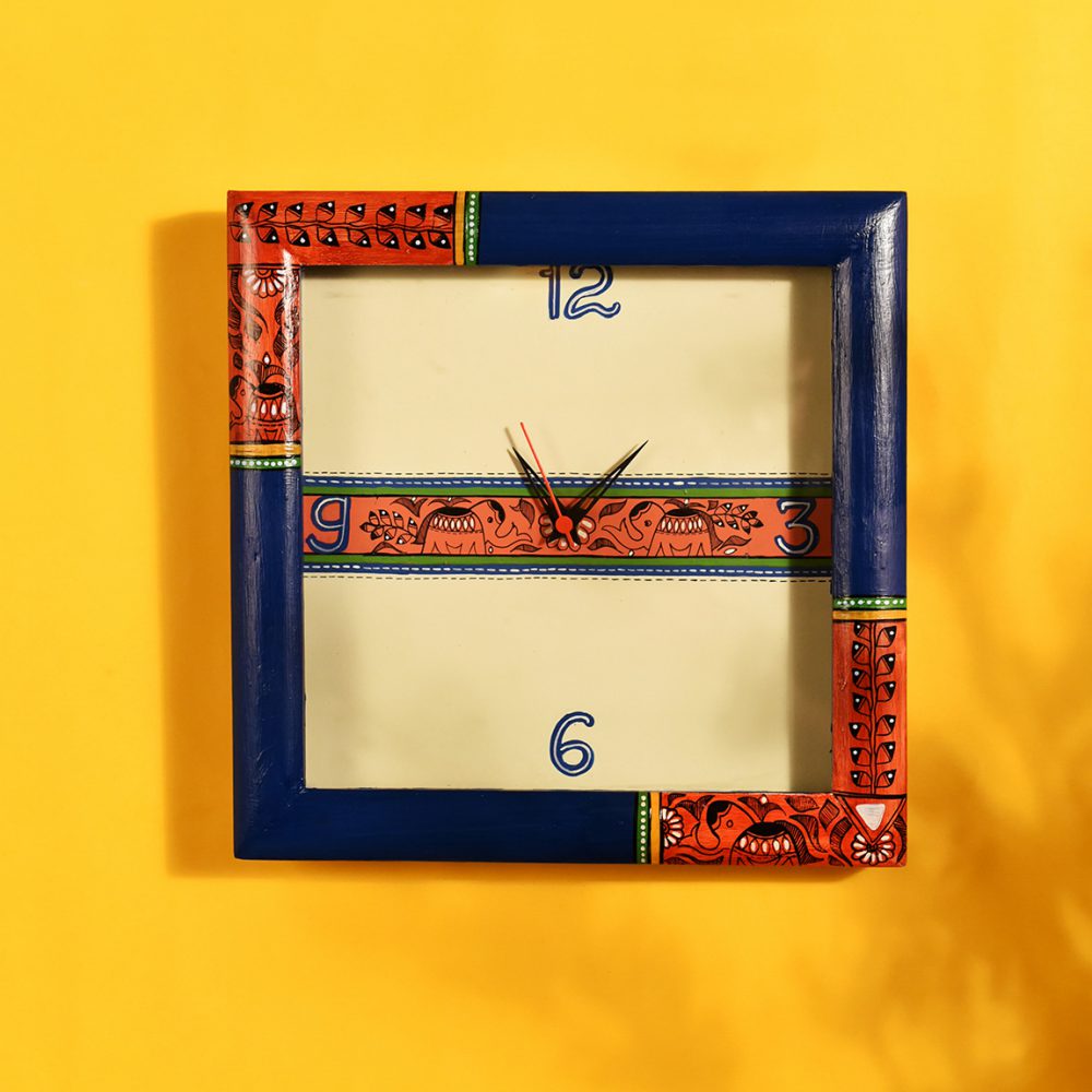 Wall Clock Handcrafted with Madhubani Art Blue Frame with Glass (10x2x10)