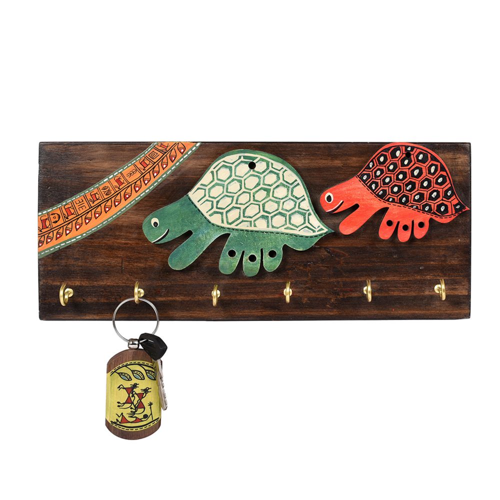 Key Holder Handcrafted Tribal Art Turtle 6 Keys  (12x2x4.7)