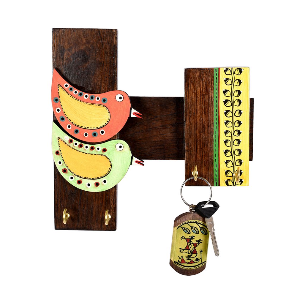 Key Holder Handcrafted Tribal Art Bird Theme 4 keys  (8x2x8)