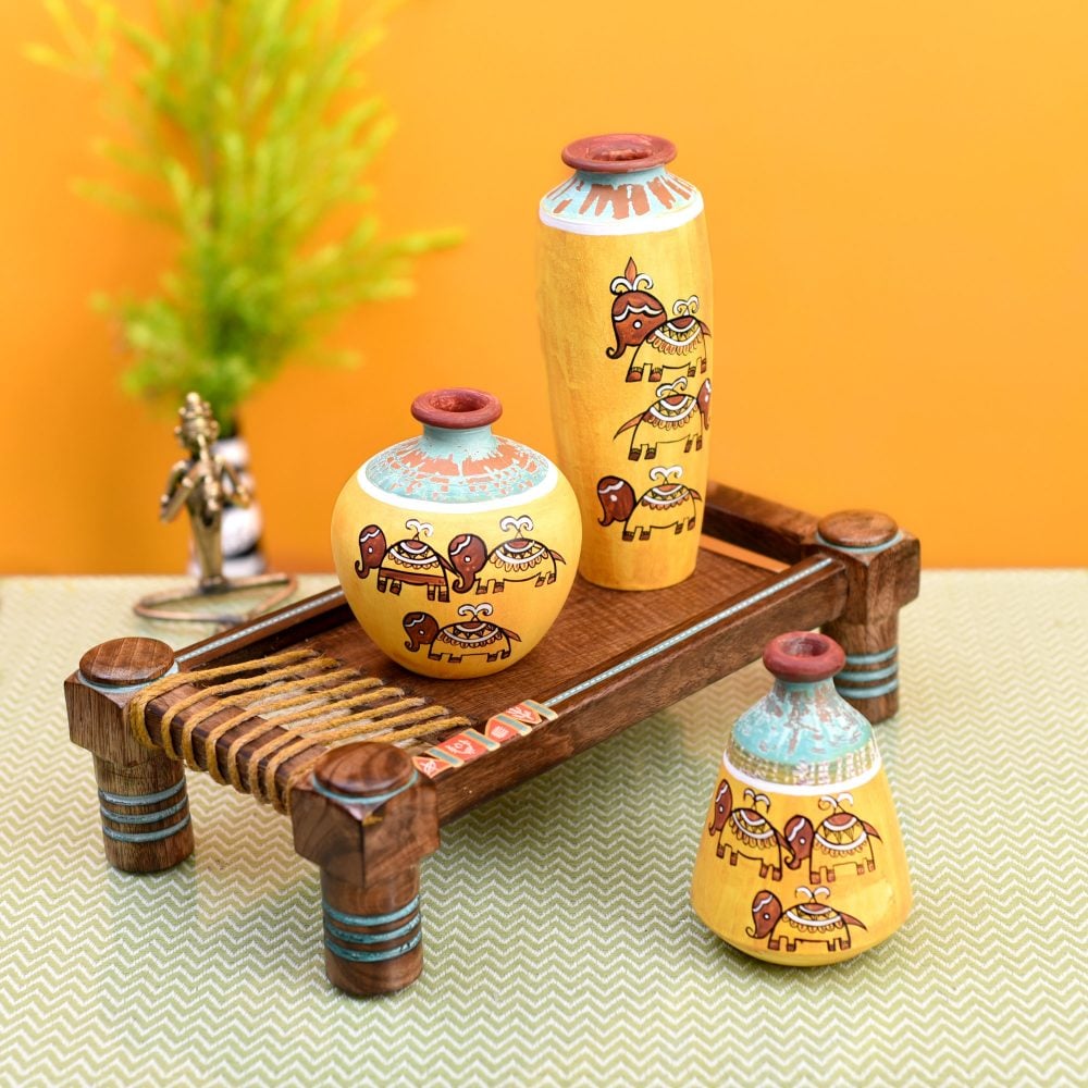 Happy Elephant Yellow Vases (Set of 3) placed on Ethnic Charpai Stand (12.5x7x10)