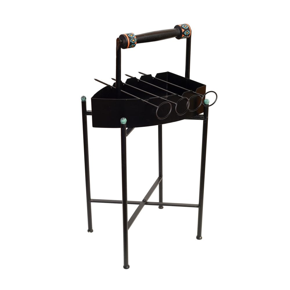Stylish Steam Iron Bar-B-Que with Skewers on Cross Folding Metal Stand (12x12x24)