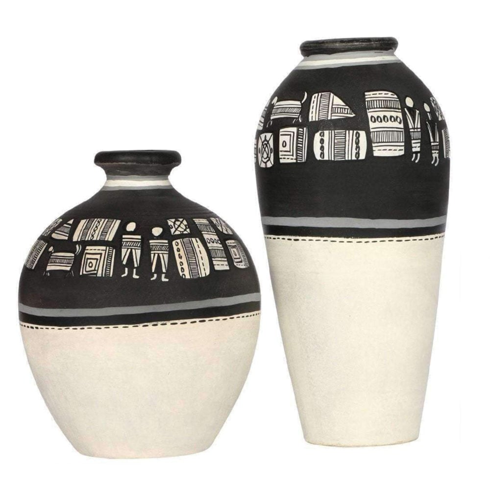 Vase Earthen Handcrafted Black & White Warli (Set of 2) (5x5/6x3)