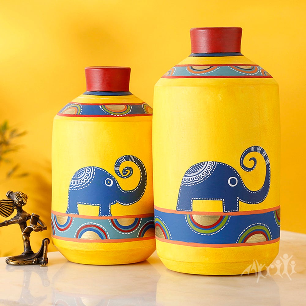 Happy Elephants Madhubani Yellow Vases(Set of 2) (8x4.6/10x5.4)