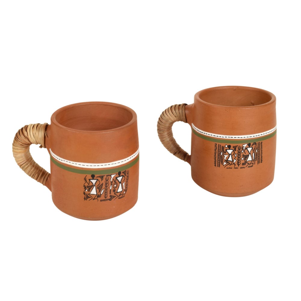 Knosh-2 Earthen Cups with Caned Handle (Set of 2)  (4.5x3x3.6)