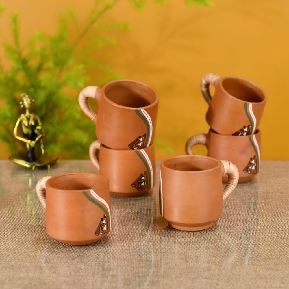 Knosh-J Earthen Cups with Caned Handle (Set of 6)