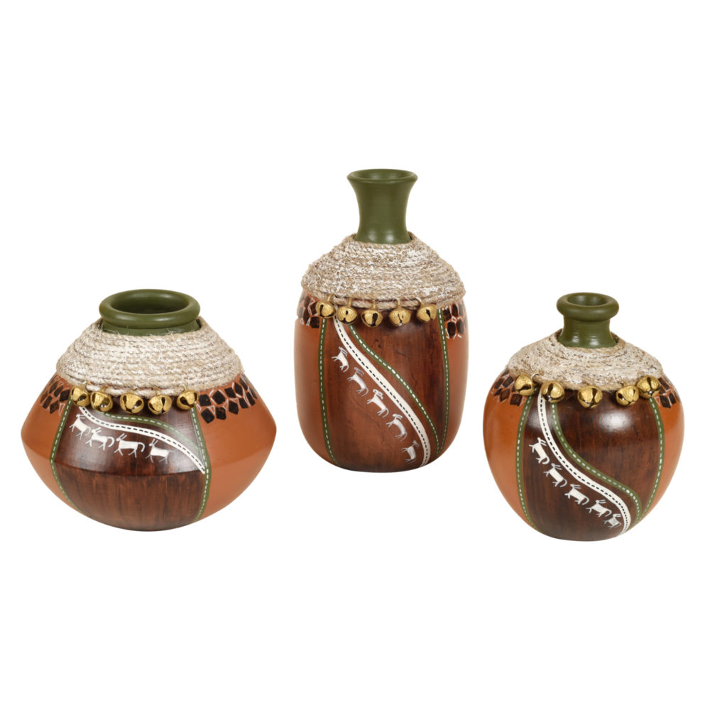 Coco-F Jute Embellished Earthen Vases in Warli Art