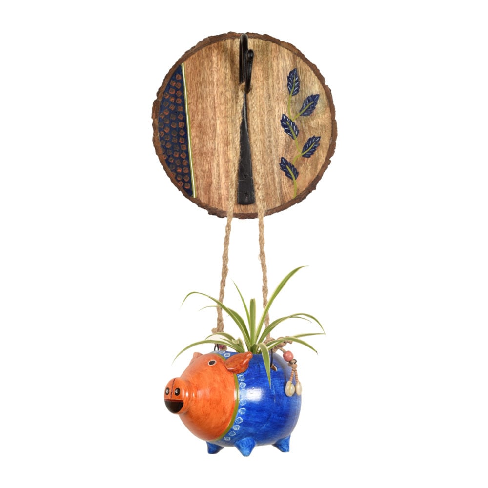 Blue Pig Earthen Planter on a Round Wall Hook