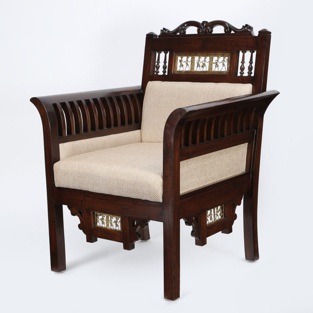 Maharaja Single Seater Sofa in Teakwood with Walnut Finish adorned with Dhokra Brass Frames (30x26x38)